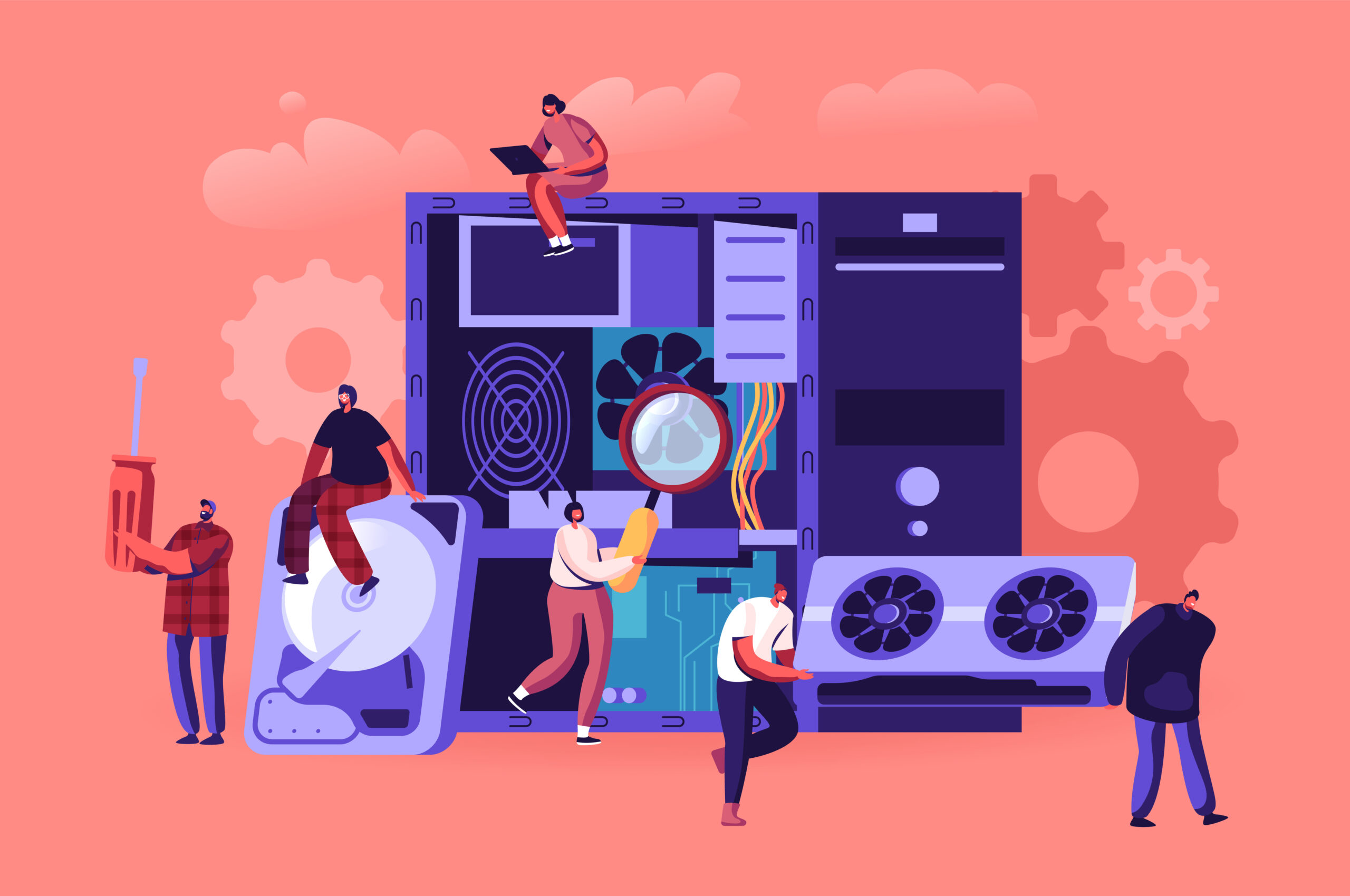 Pc Hardware Fixing Service Concept. Tiny Characters Information Technology Engineers Repairing Personal Computer System Components Device Recovery Warranty Maintenance Cartoon Flat Vector Illustration