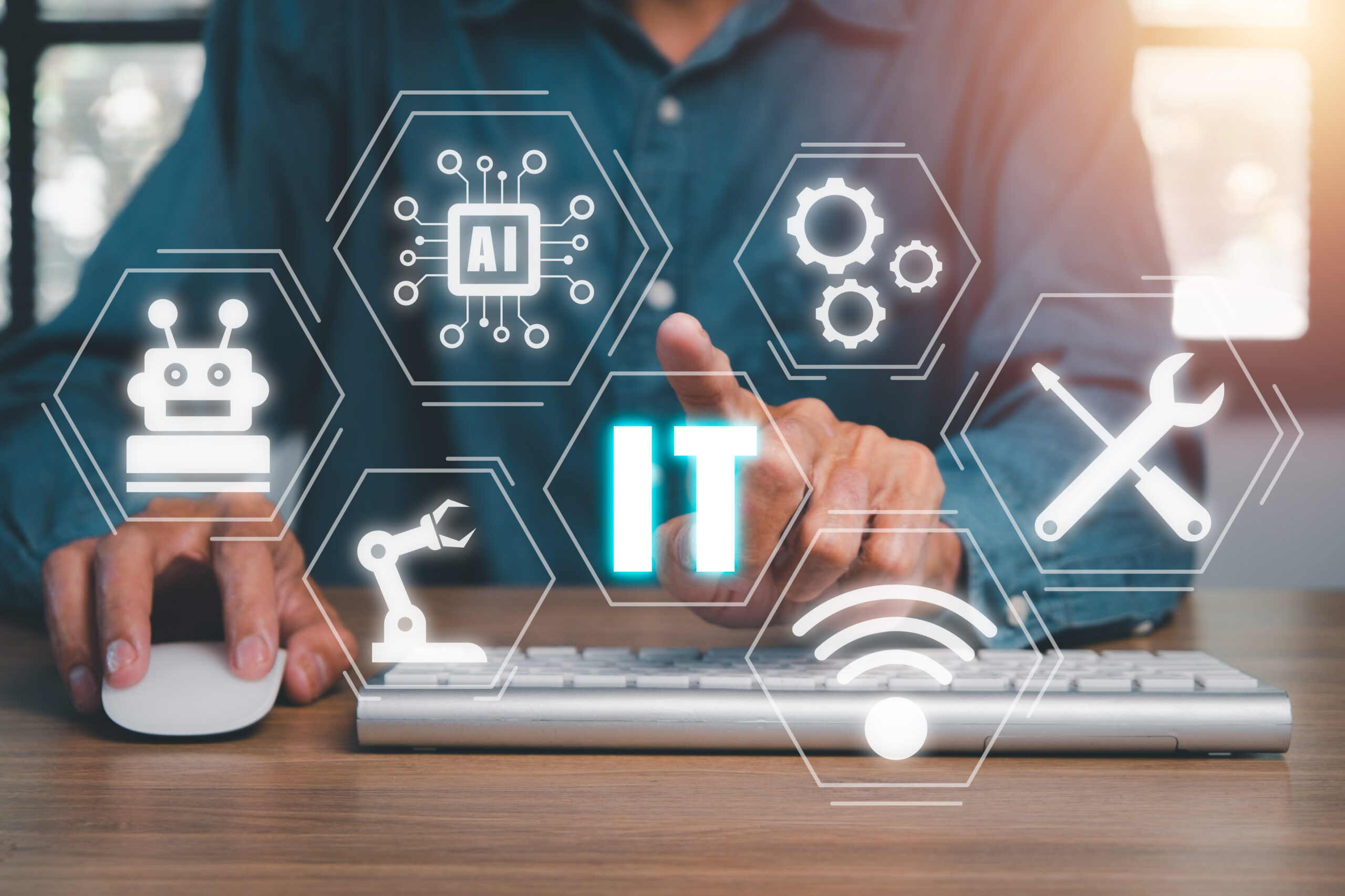 Consulting business concept, Business person hand using computer with VR screen IT Consulting icon, robotic process automation, marketing dashboard.